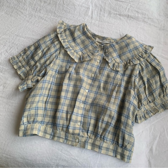 NWT Doen Sparrow Ramie Ruffle Collar Button Crop Top Meadowlark Plaid Blue - Picture 6 of 12